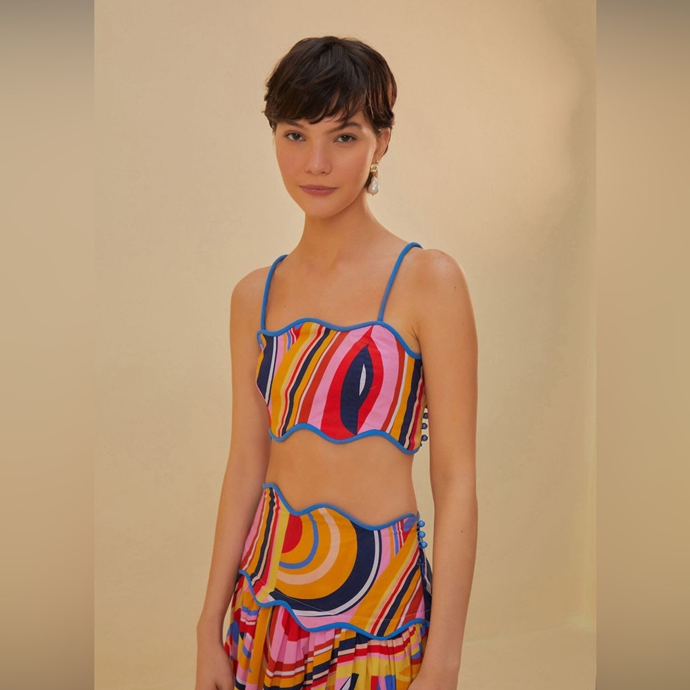 FARM Rio Multicolor Wavy Stripe Crop Top with Blue Trim